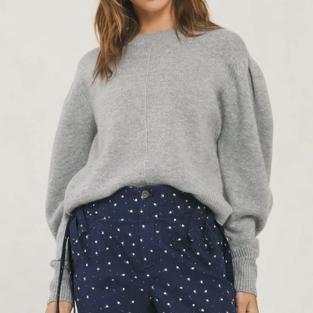 Something Navy Gray Minnie Puff Bishop Sleeve Cashmere Wool Sweater Size Small